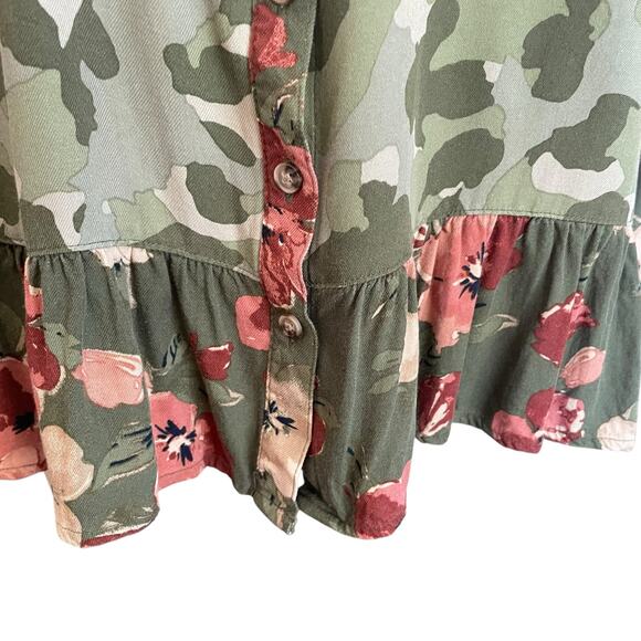 Cato Camouflage Floral Boho Button Up Top Sz 14/16W Ruffled Feminine Fall Casual - Picture 5 of 9